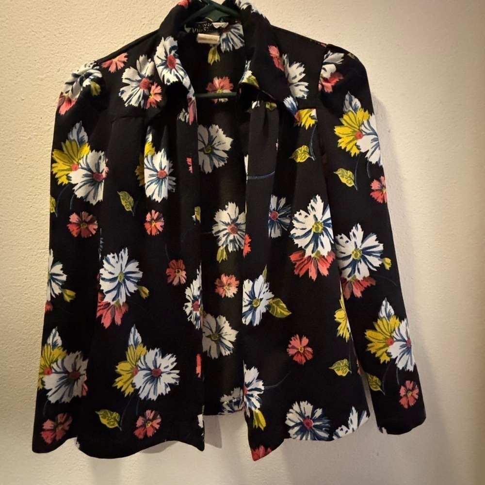 Black and White Floral Blazer with Open Front and Collar